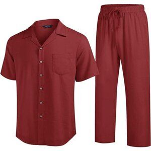 Men 2 Piece Linen Outfit Beach Button Down Shirt Casual Loose Pant Sets